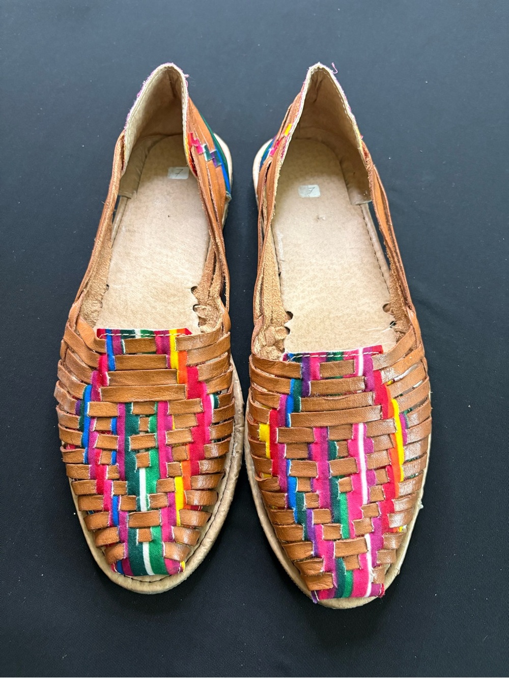 Women’s Tan Leather Huarache Flats with Multicolor braiding - est size 9 US